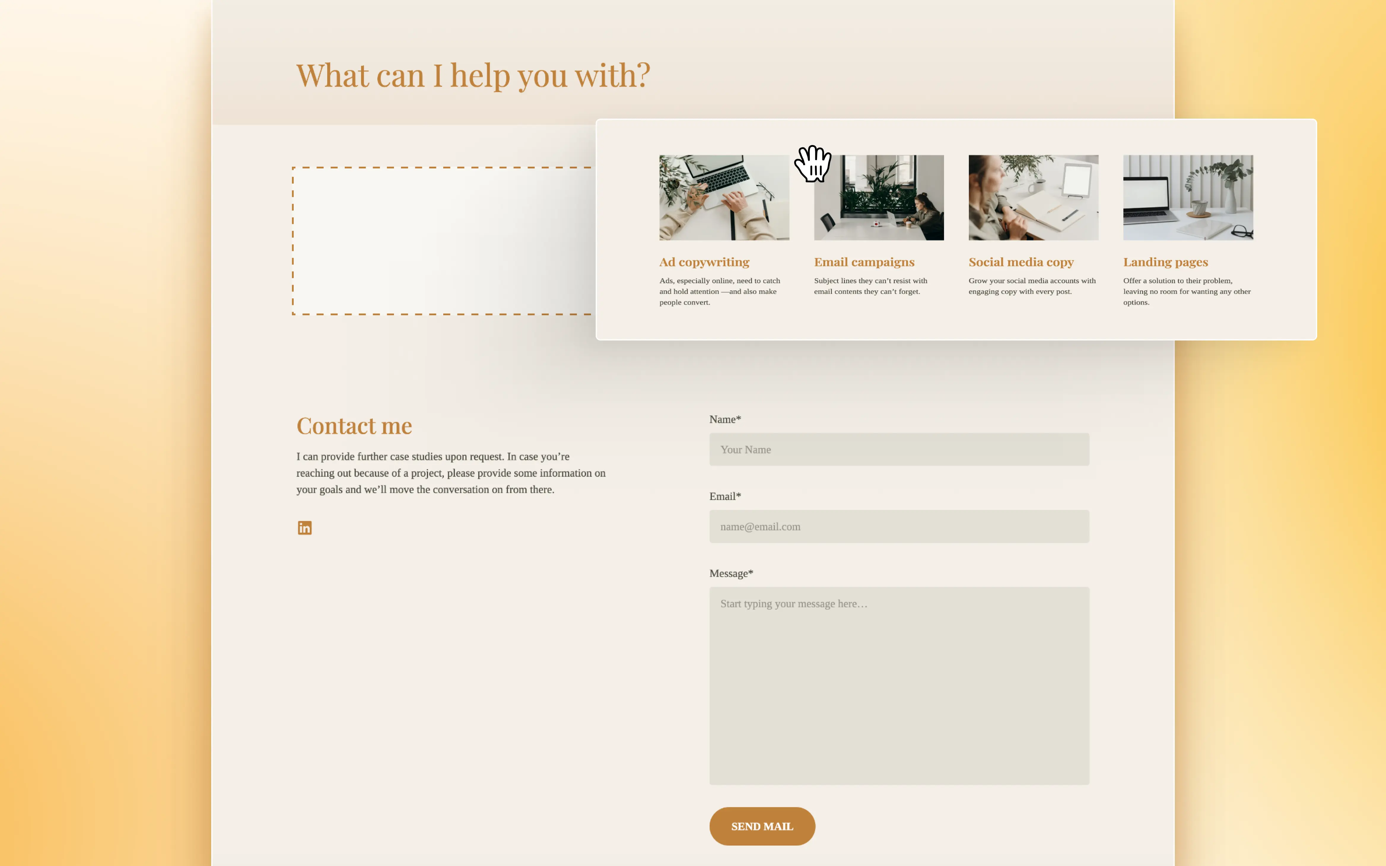 Copyfolio's sections that freelancers can use to showcase their services or let their visitors easily get in touch with them, using a contact form.