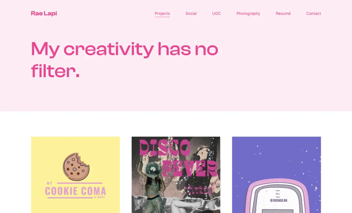 The portfolio website of Rae Lapi, content creator.