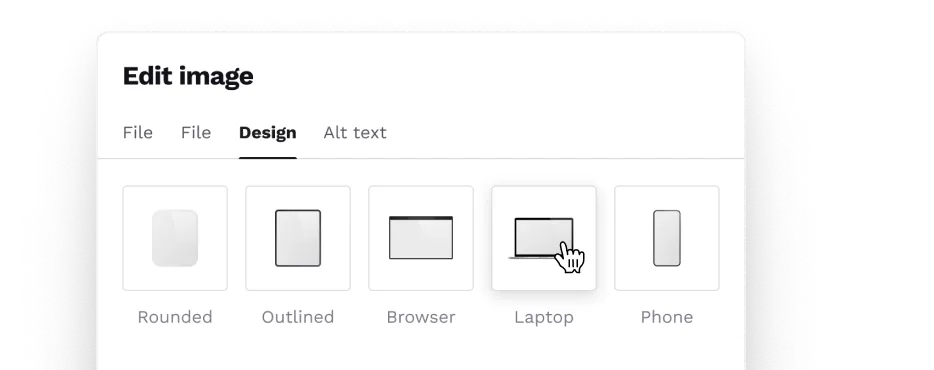 An "Edit image" window in Copyfolio, where on the design tab you can style your images easily: make their corners rounded, give them an outline, or add them to mockups like laptops or smartphones.