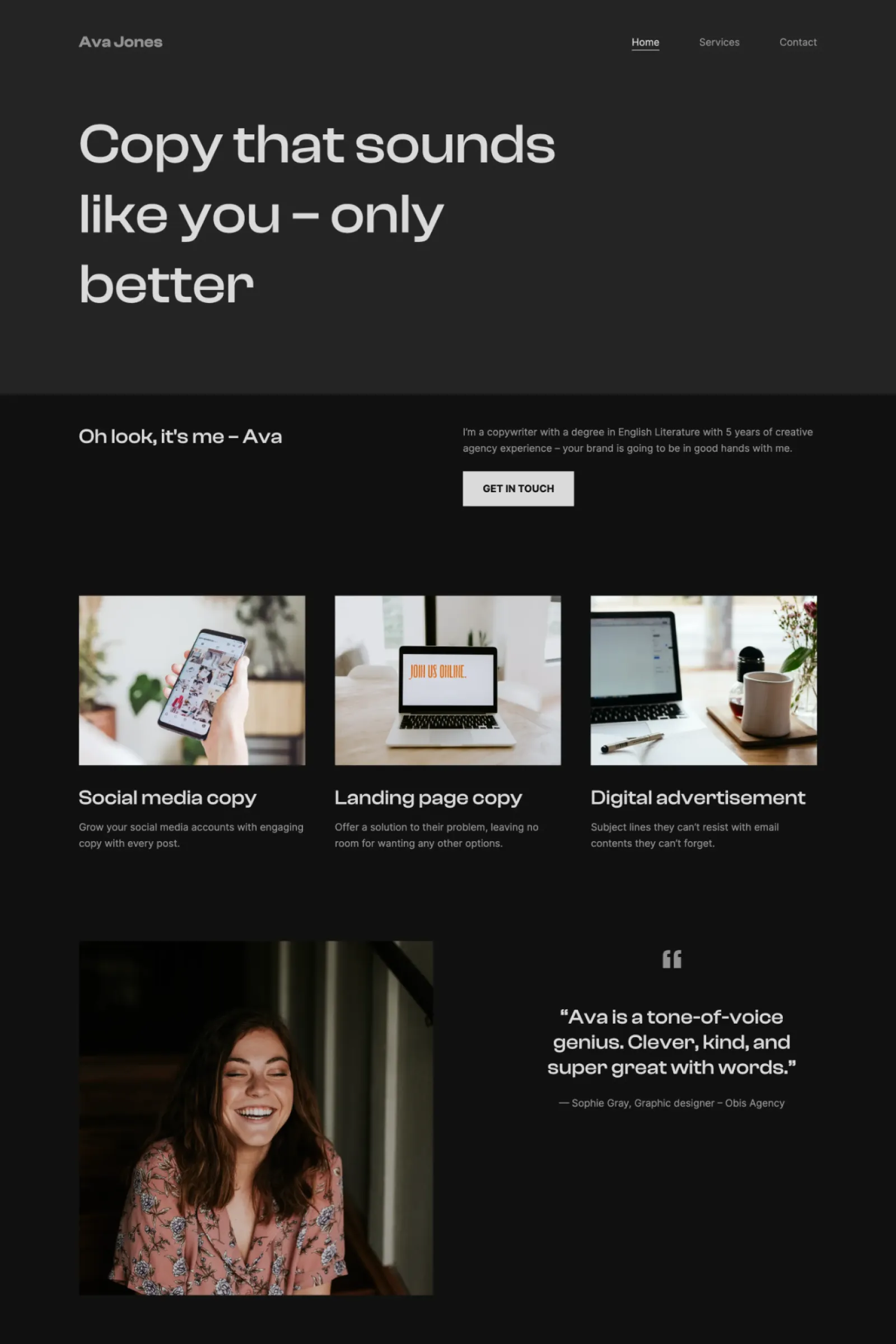The portfolio of Ava Jones, creative copywriter using a dark color palette.