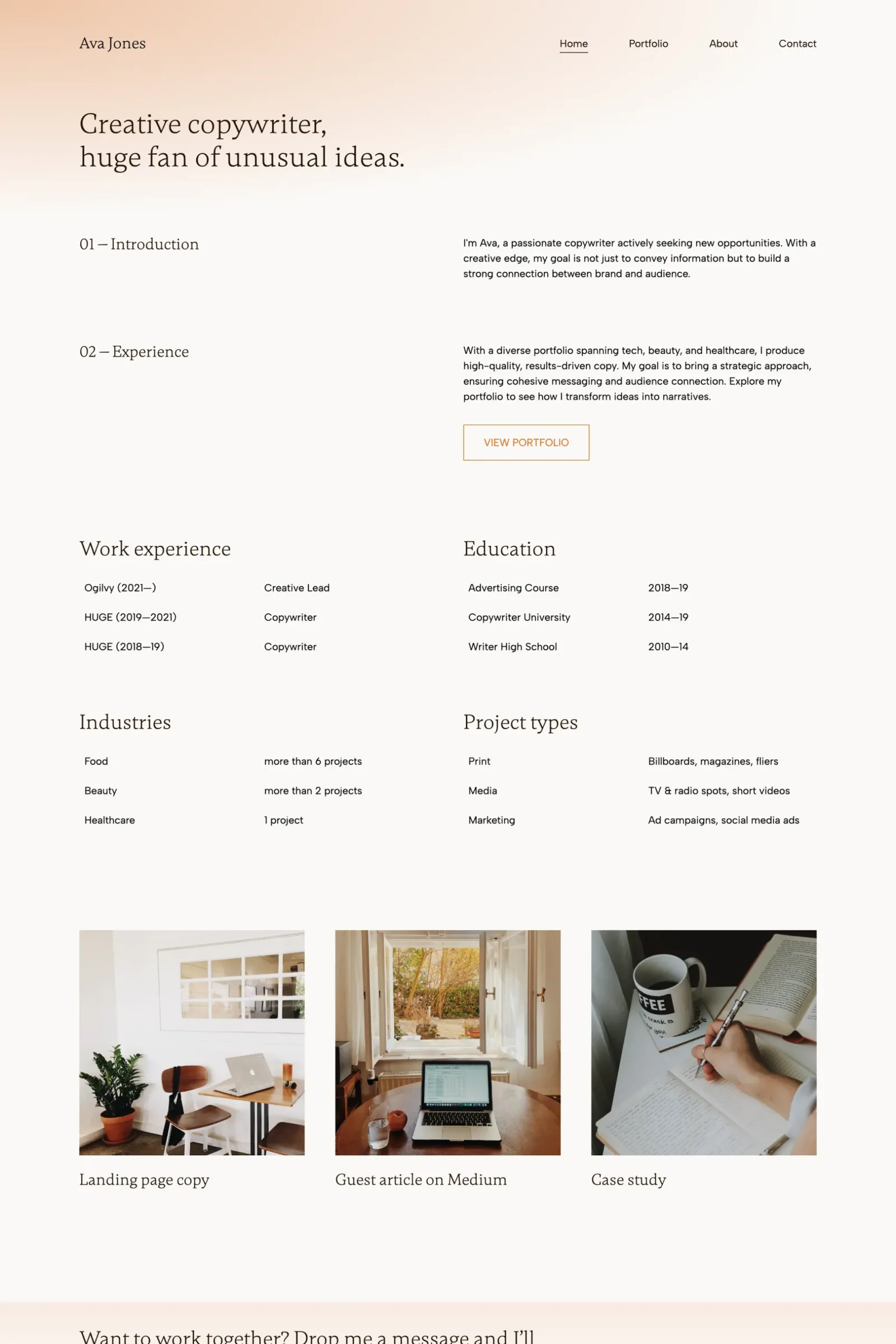 The portfolio of Ava Jones, creative copywriter using a light color palette with a peach colored gradient.