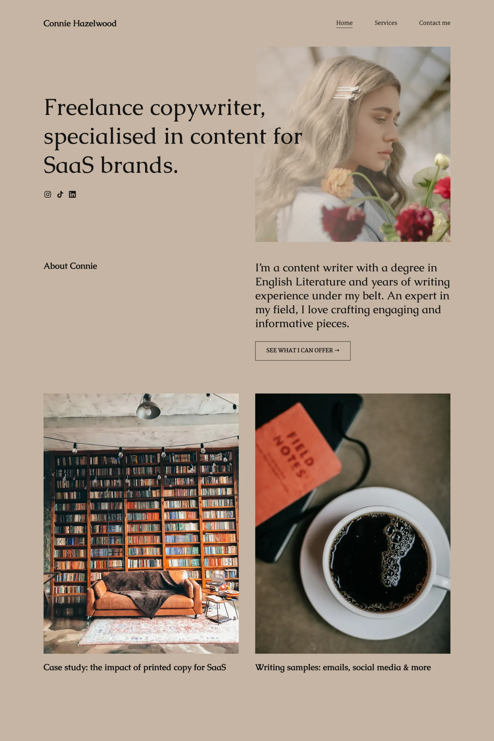 The portfolio website of Connie Hazelwood, freelance copywriter, using a darker beige color palette.