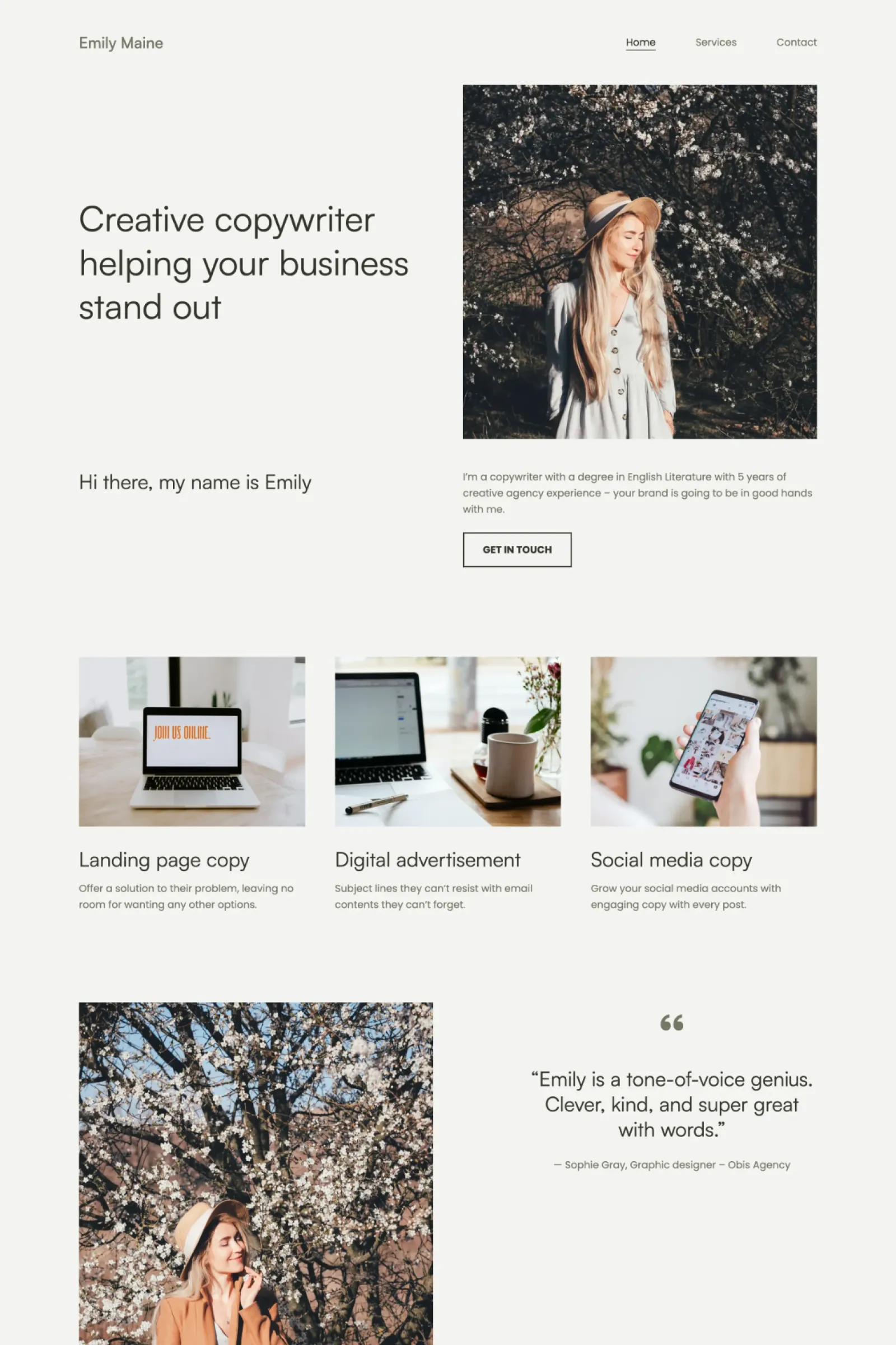 The portfolio website of Emily Maine, create copywriter using a light, simple color palette.