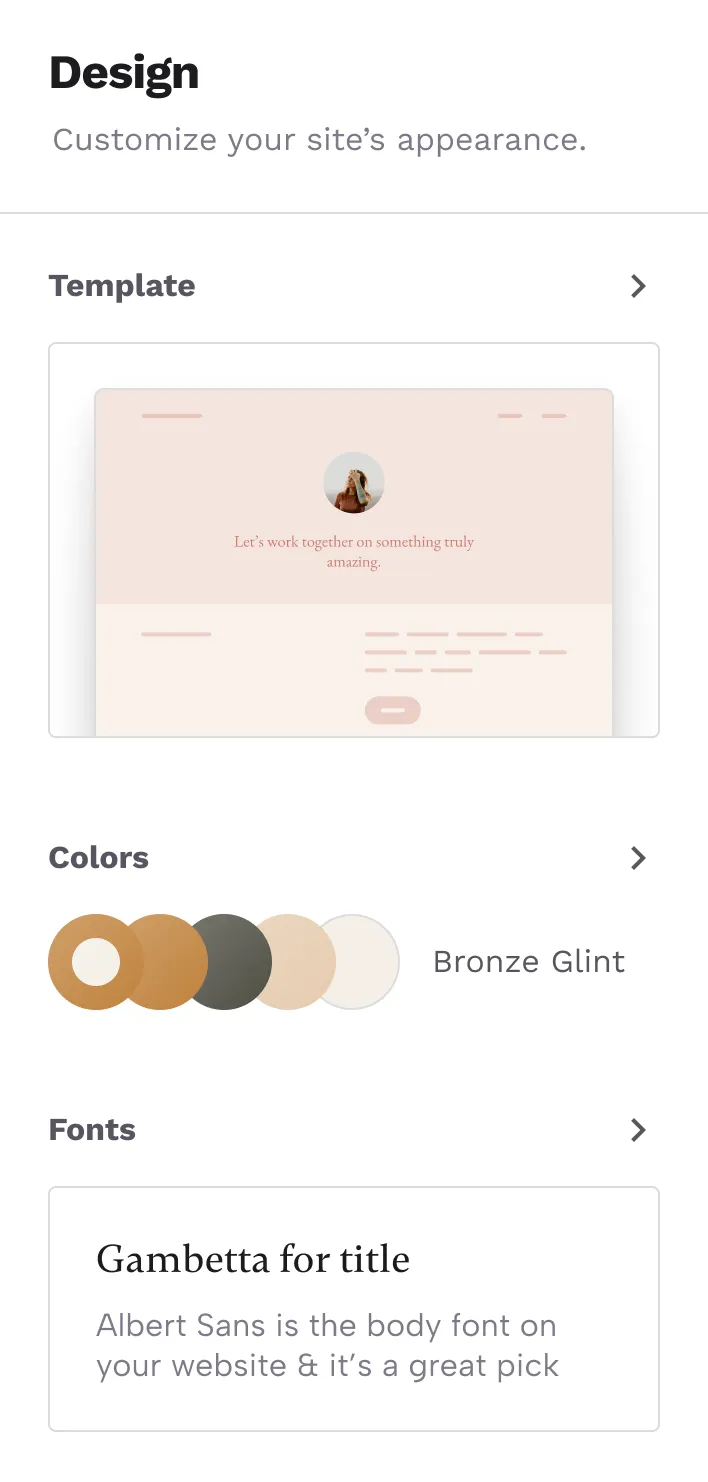 The design panel of Copyfolio, a website builder for copywriters. The panel has three things to customize: your website template, the colors of the site, and the fonts.