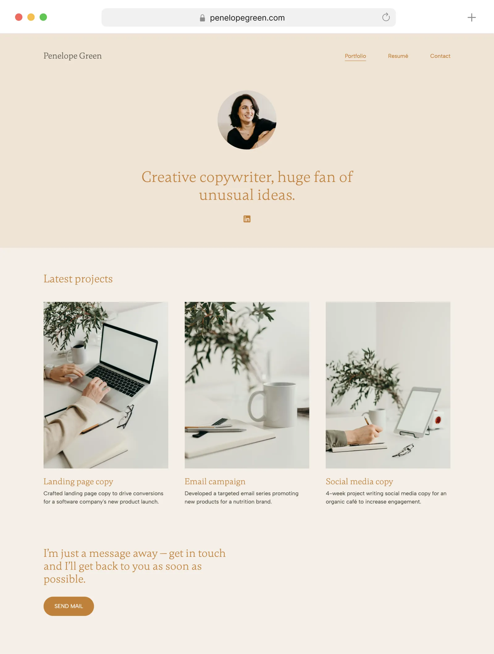 The homepage of a creative copywriter's website, showcasing projects of landing page copy, email campaigns, and social media copywriting.