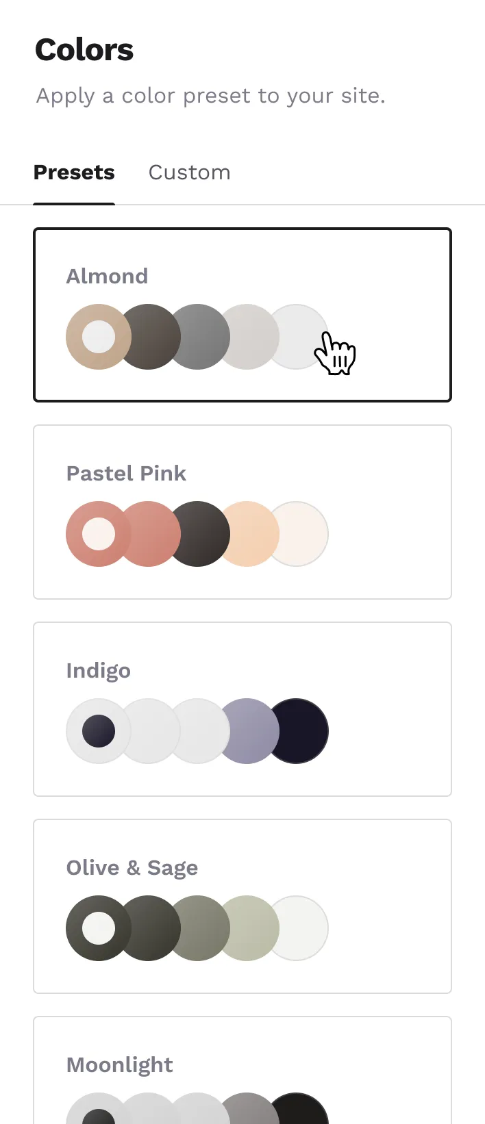 A selection of color palettes available in Copyfolio for customizing the colors of a website with a single click.