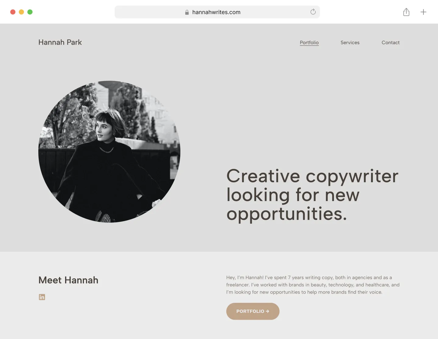 The first fold of a creative copywriter website, showcasing a profile photo, a tagline, and a short introduction section titled "Meet Hannah".