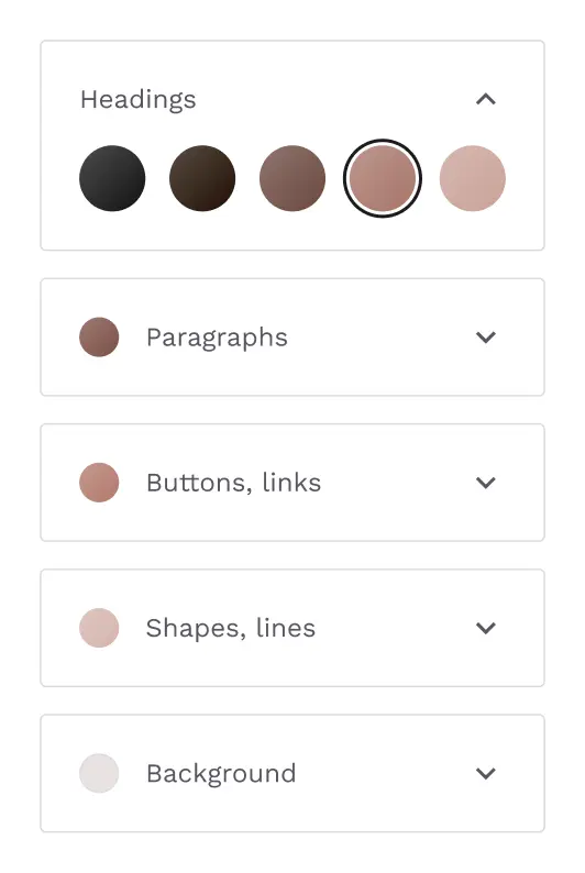 The custom color palette builder in Copyfolio, with which you can easily apply your brand colors on your business or freelancer website. You choose a main color, then pick from generated options for things like headings, paragraphs, buttons, shapes, and the background.