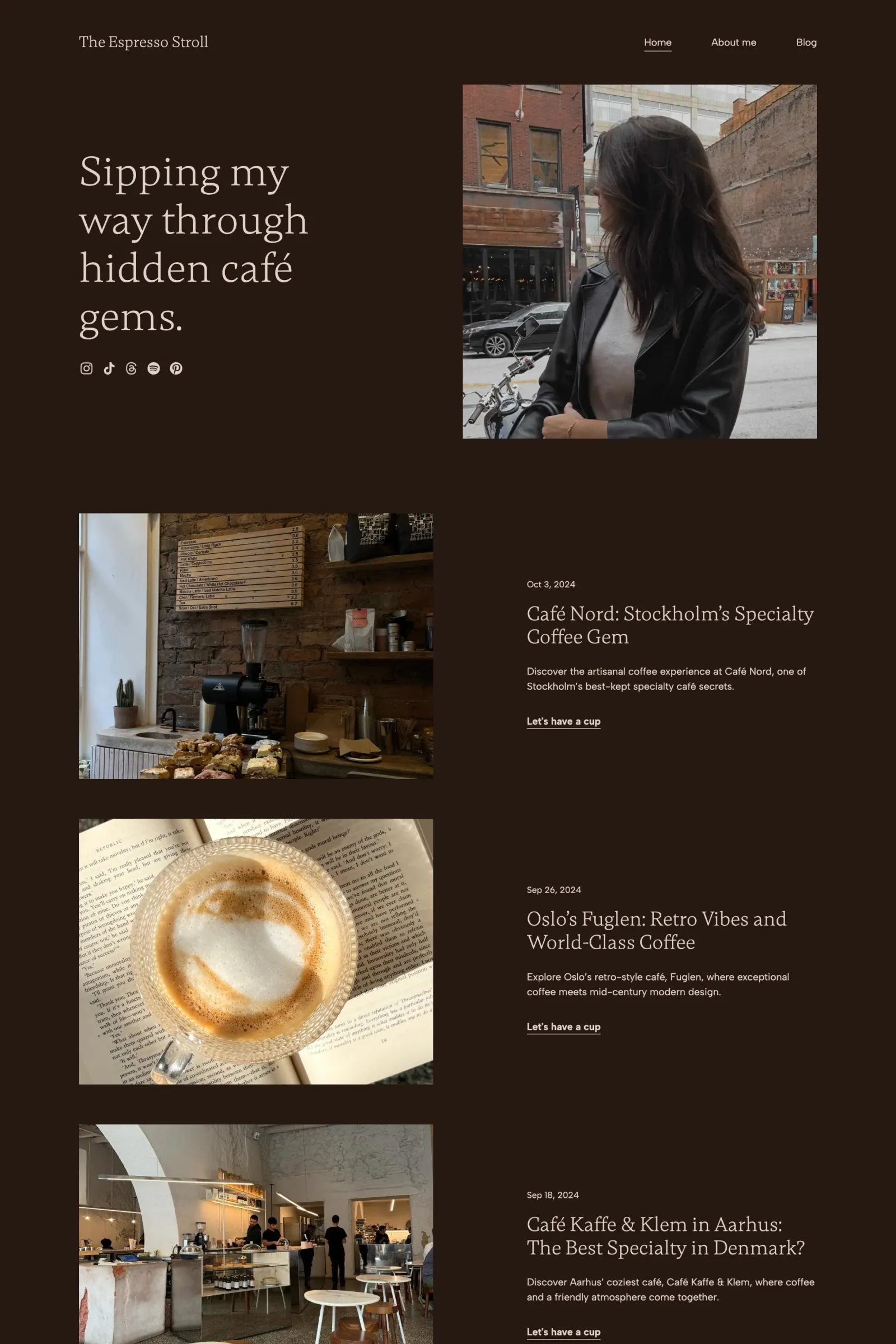 A café blog of a marketer made with Copyfolio, using an elegant font preset, and a darker color palette called Espresso.