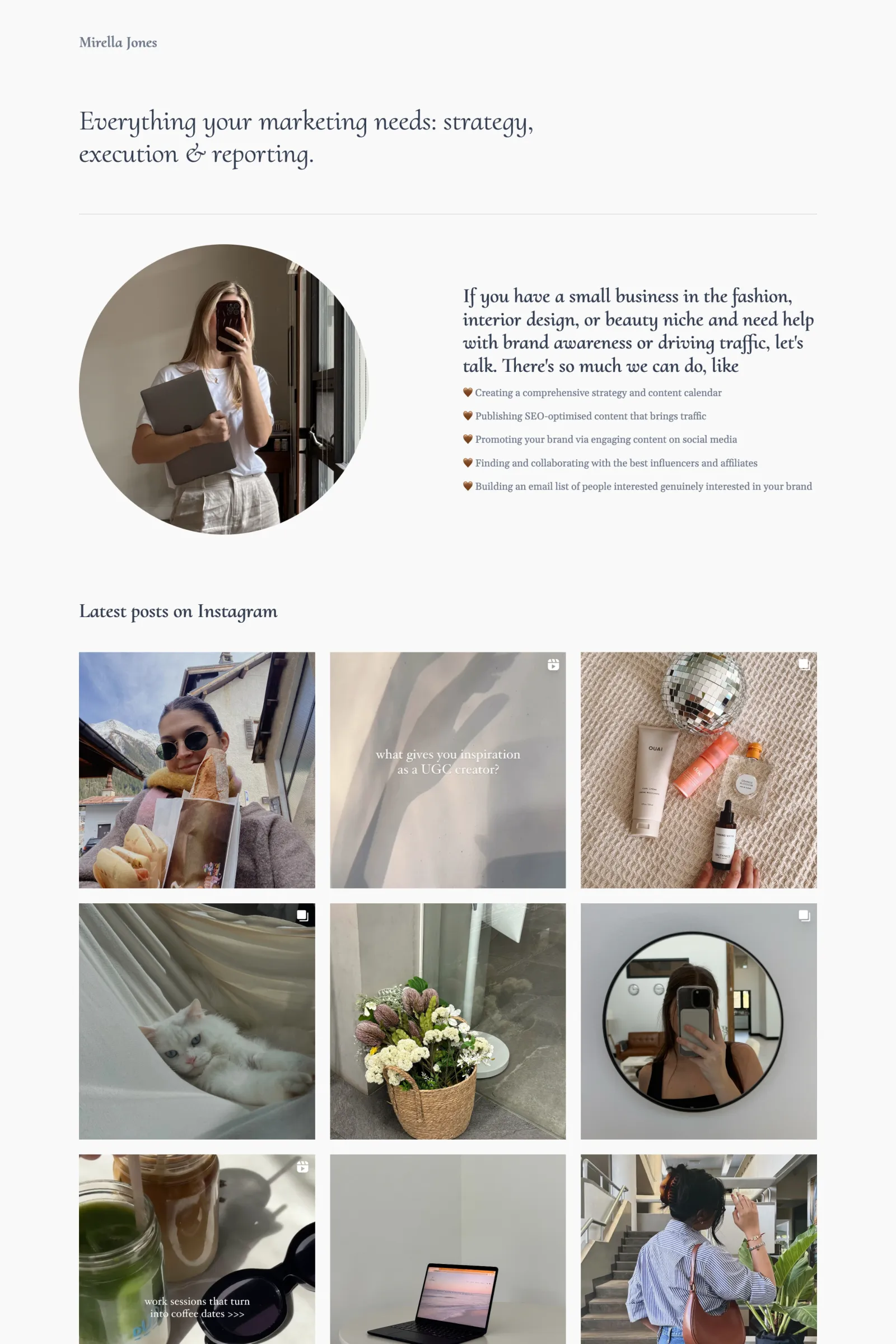 A freelancer website of a digital marketer made with Copyfolio, listing their available services and their Instagram feed.