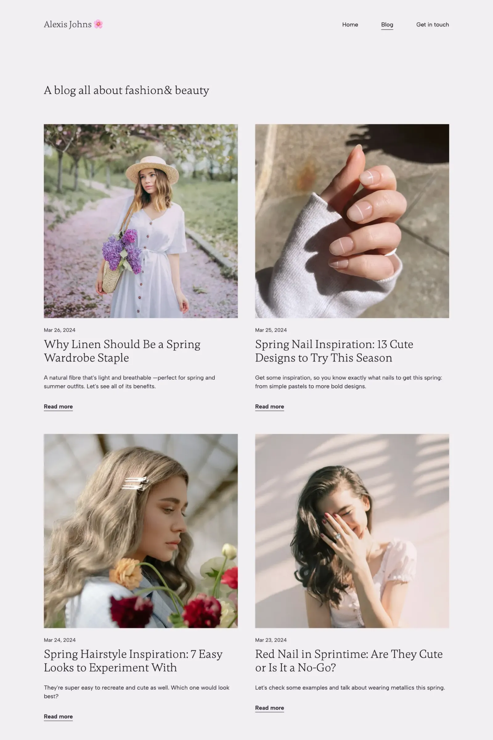 A fashion and beauty themed blog made with Copyfolio, featuring four blog posts in a grid layout.