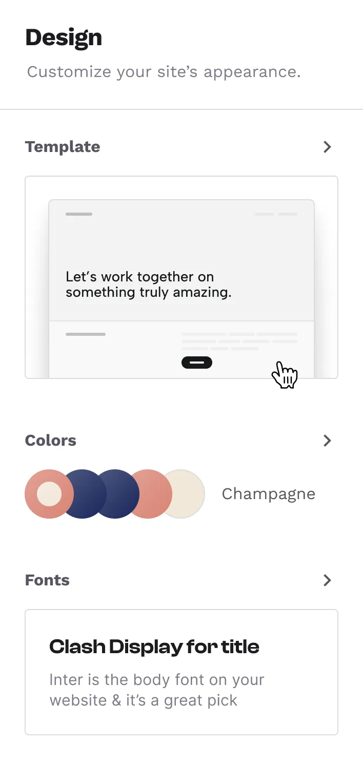 The design panel of Copyfolio, a website builder for marketers. It shows some options for customizing the design of your website, like changing the website template, choosing another color palette, or setting different fonts.