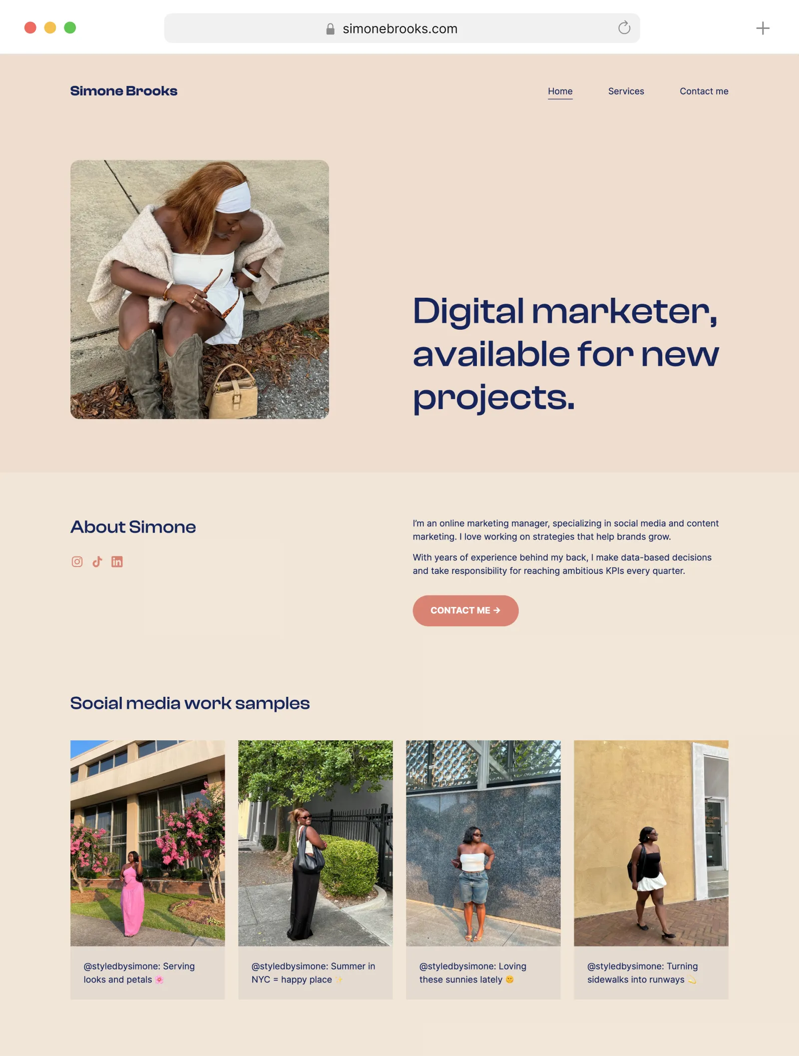 The website and marketing portfolio of Simone Brooks, digital marketer. It features a photo of her next to a tagline, a short introduction section, and her top social media work samples.