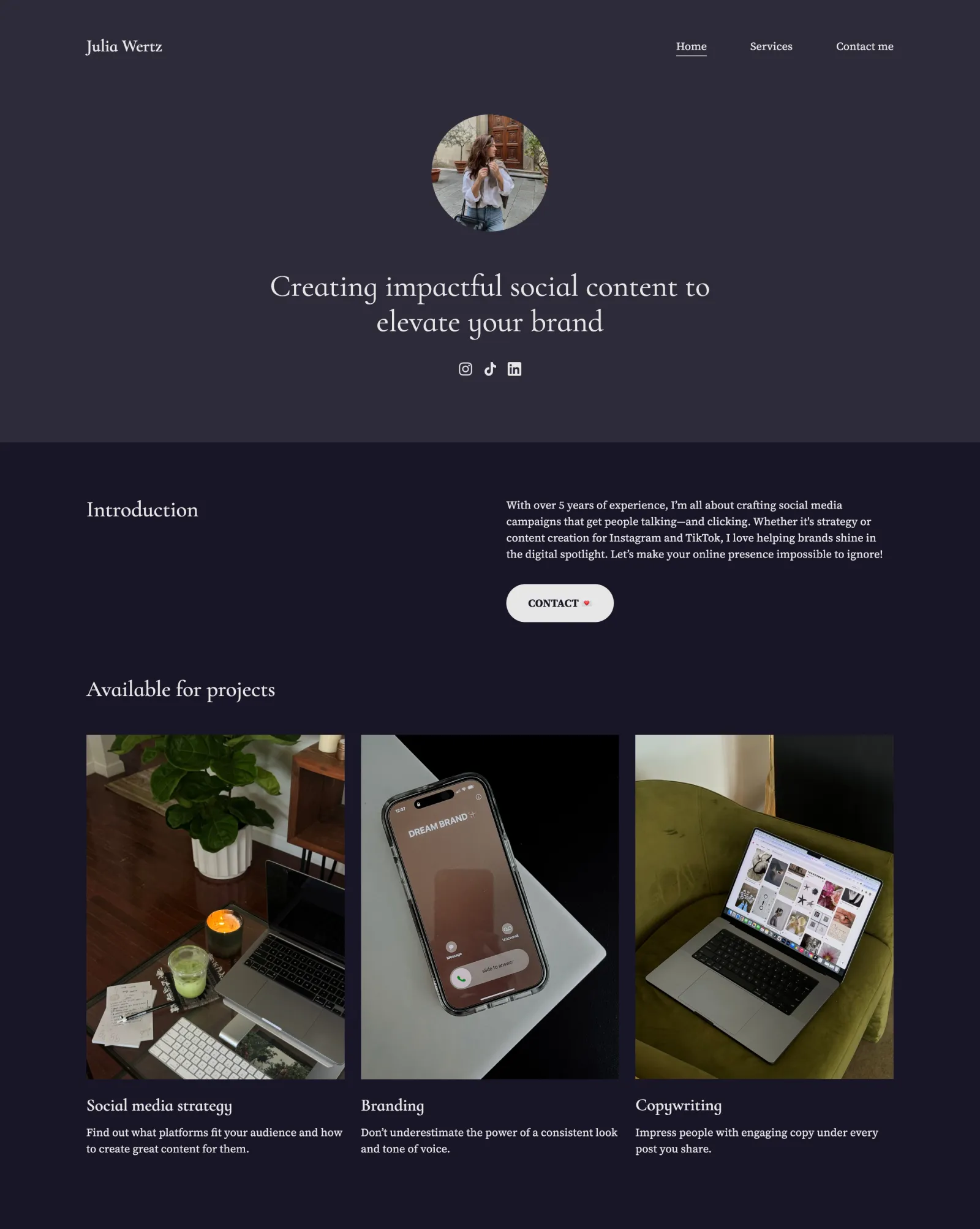 A sample digital marketer portfolio website made with Copyfolio, using the Indigo color palette and Cormorant Infant-Source Serif font combination preset.