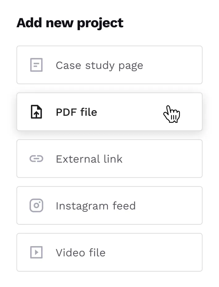 The options in Copyfolio for showcasing marketing work samples in your online portfolio, including creating a case study page, uploading a PDF file, adding an external link, embedding an Instagram feed, or uploading videos.