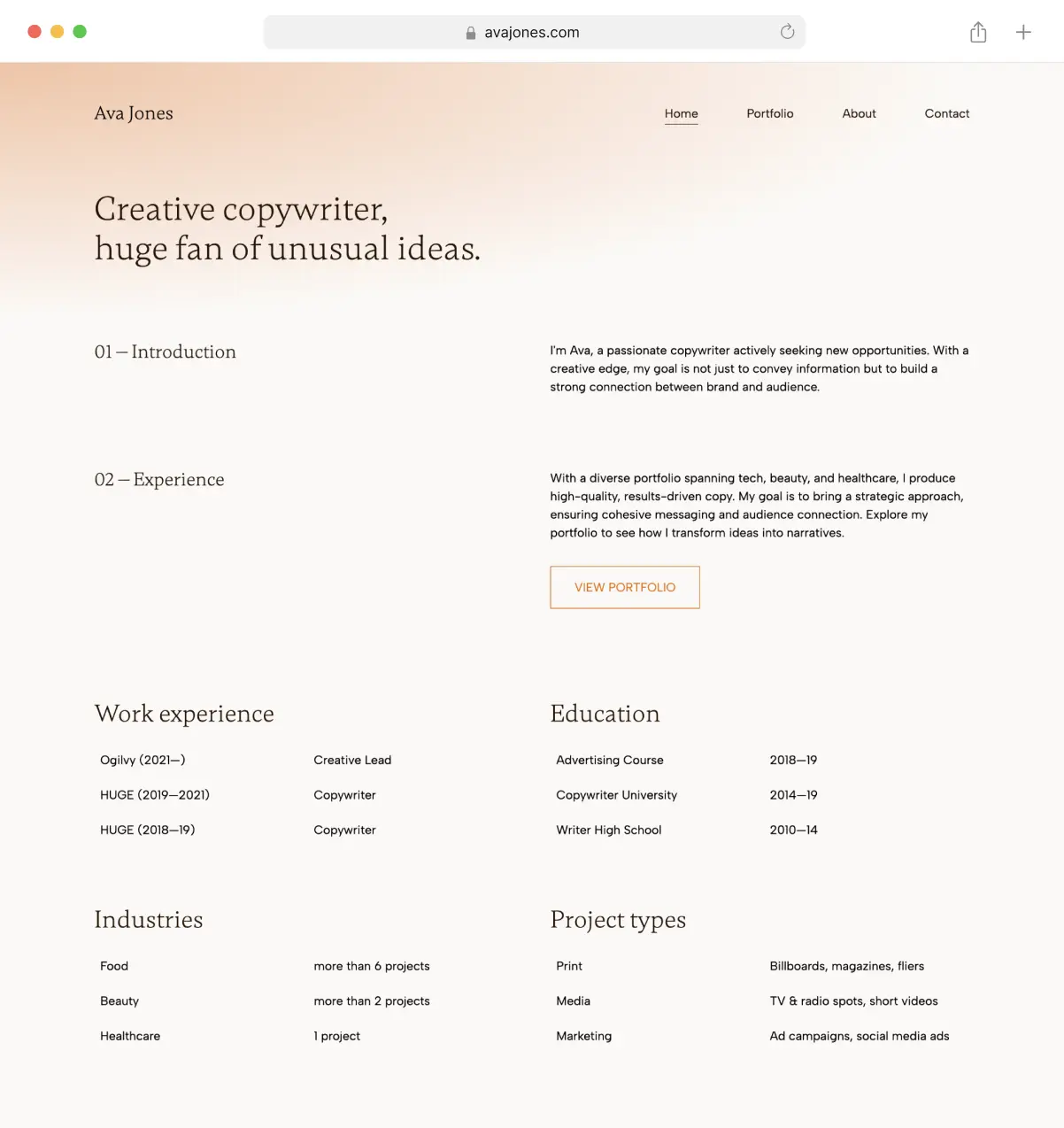 A creative copywriter's website built in Copyfolio.