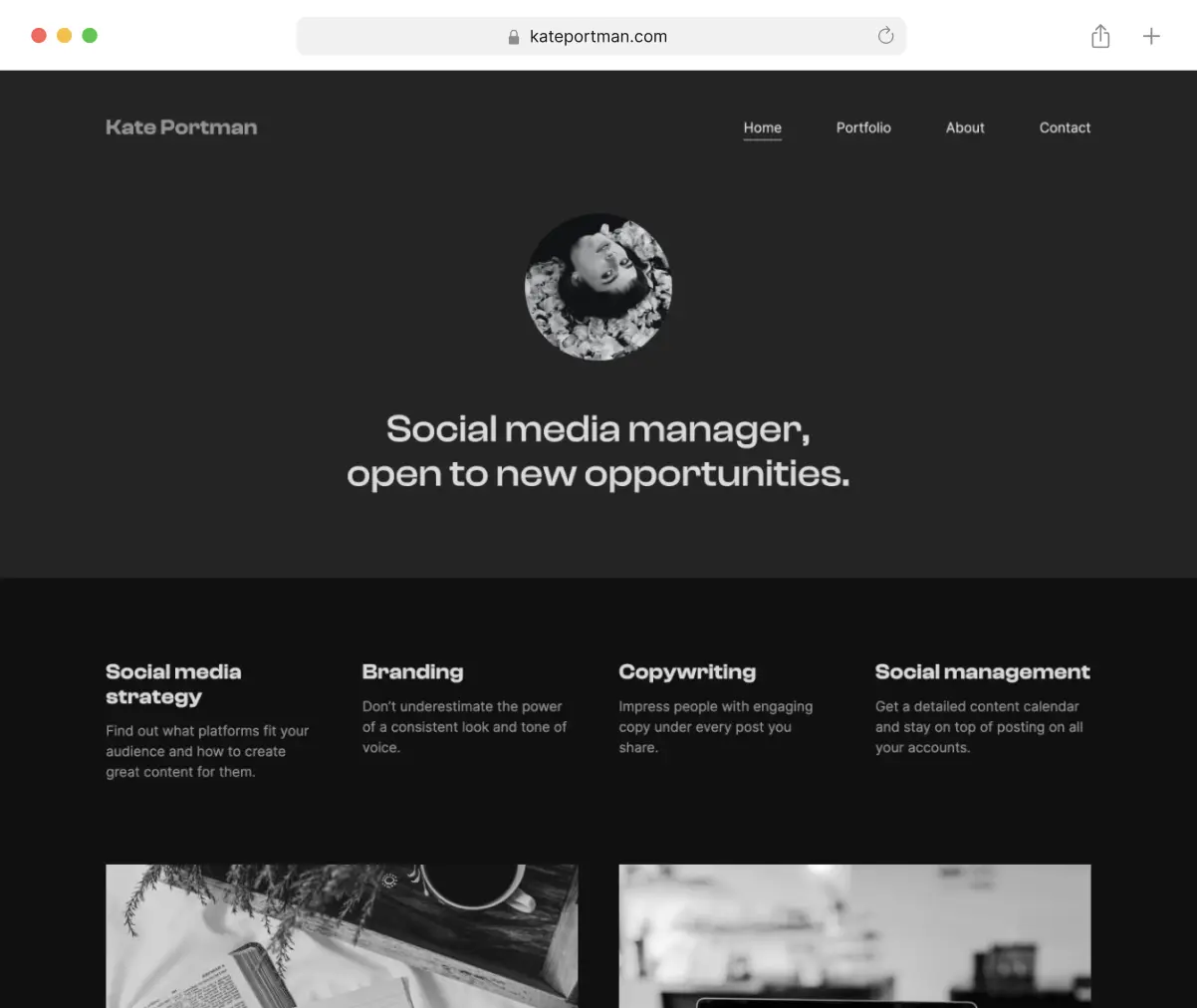 A social media marketer's dark-themed website built in Copyfolio.
