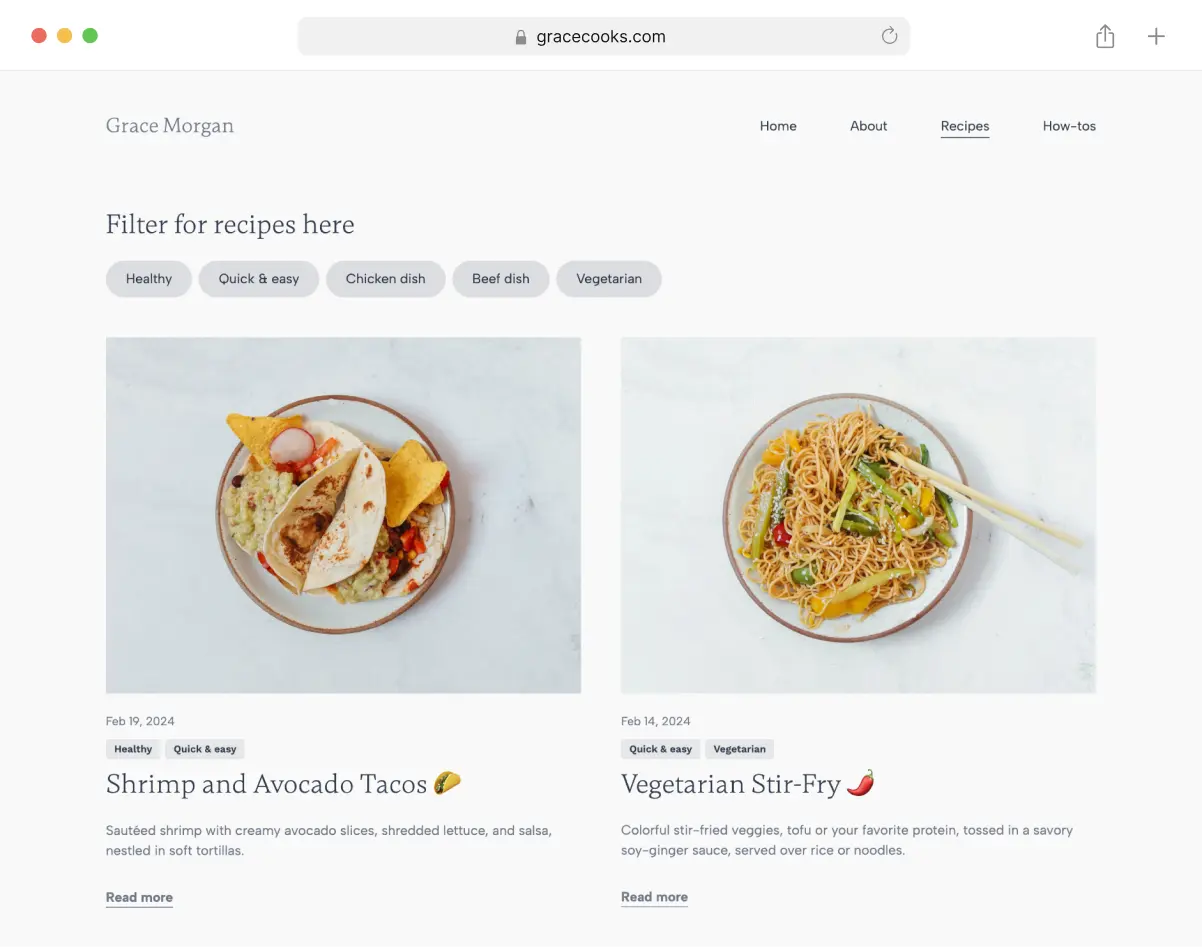 A blog built on Copyfolio with multiple recipes on it. There are multiple categories that the visitors can use to filter and the blog posts are also categorized. There are two different layouts showcased, one of them is a simple list of blog post, and the other has thumbnail images of the dishes.