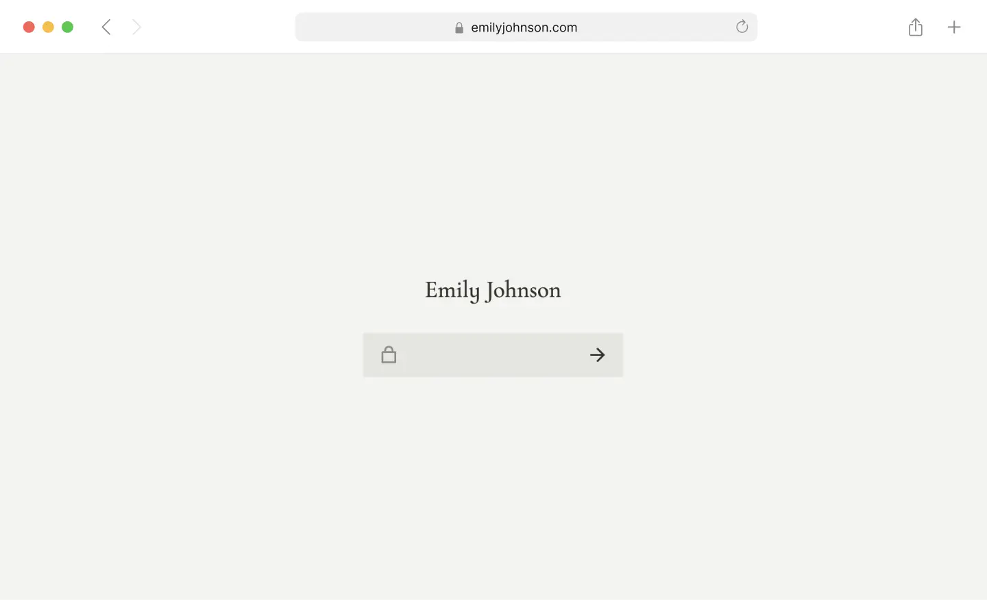A browser screen showing a password-protected website built with Copyfolio. You see the name of the site owner (Emily Johnson) above the field where you need to enter the password to view the full website.