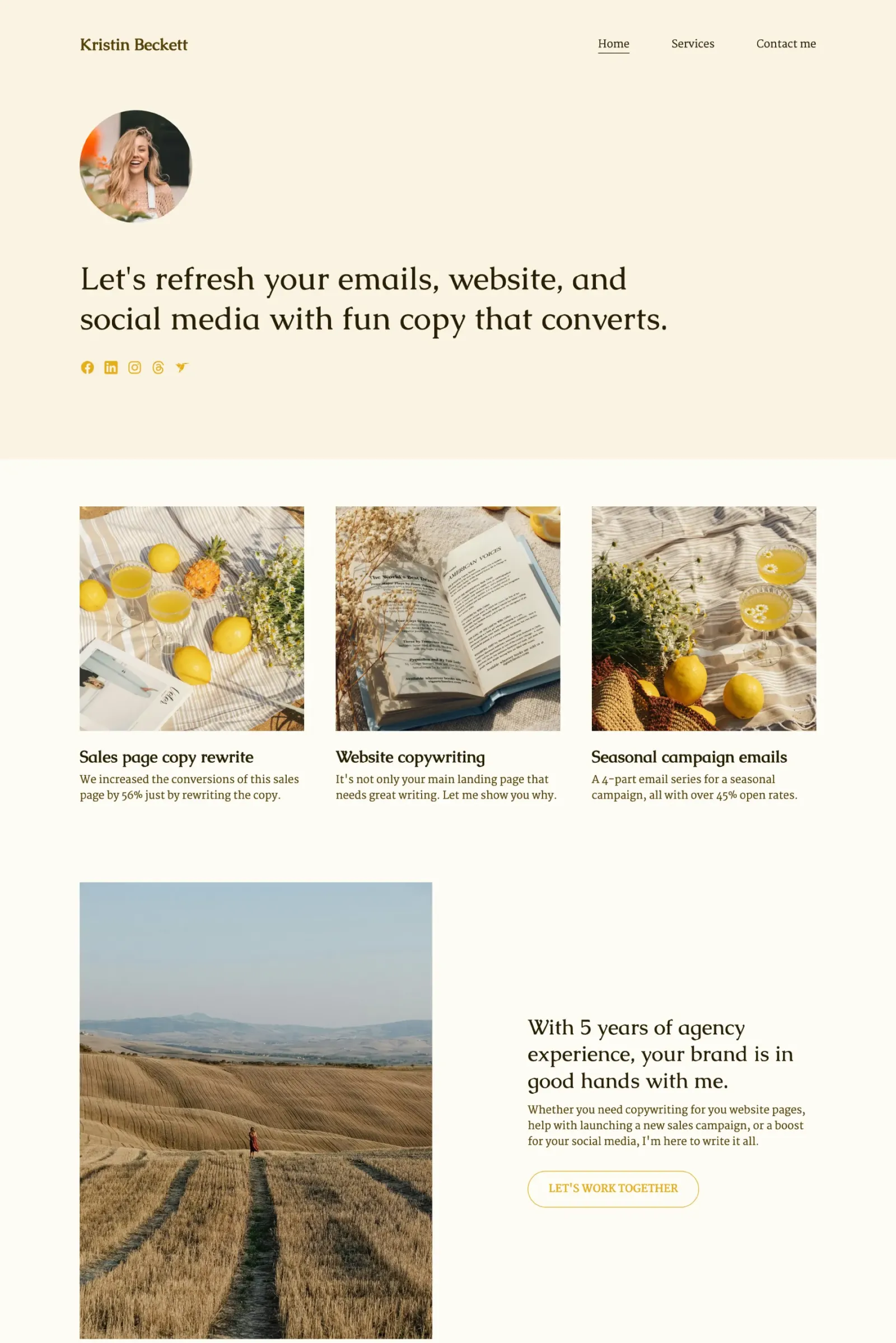 A freelancer website of a social media marketer made with Copyfolio, using a light yellow color palette, featuring their available services.