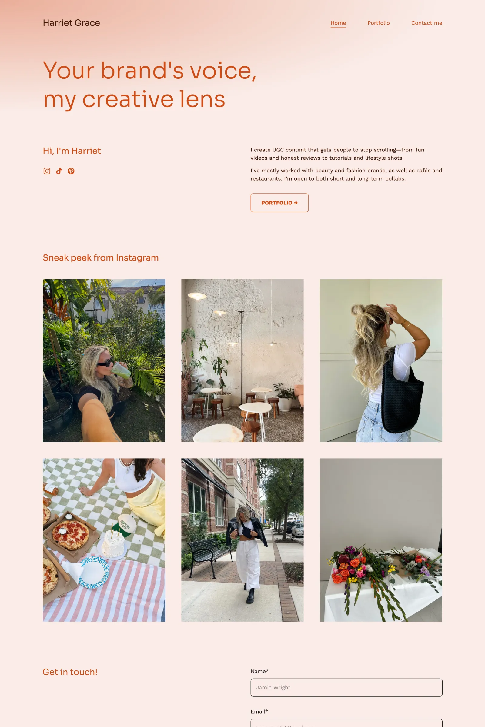 A freelancer website of a social media marketer made with Copyfolio, using a peach-colored palette, featuring their Instagram feed.