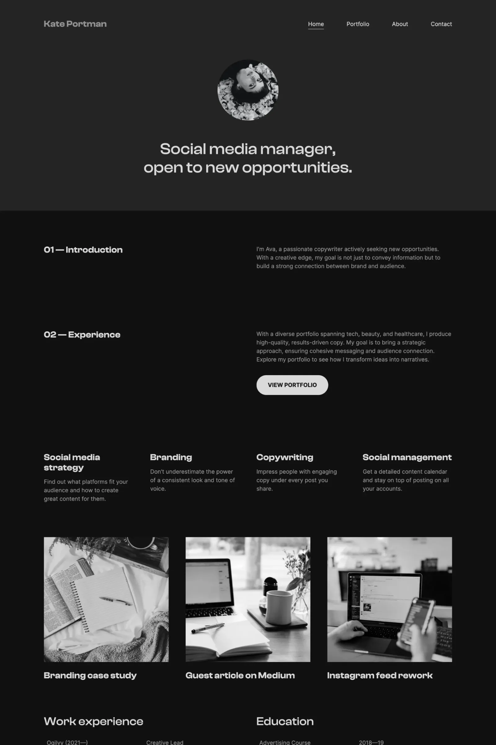 A freelancer website of a social media manager made with Copyfolio, using a dark mode template, featuring their introduction and available services.