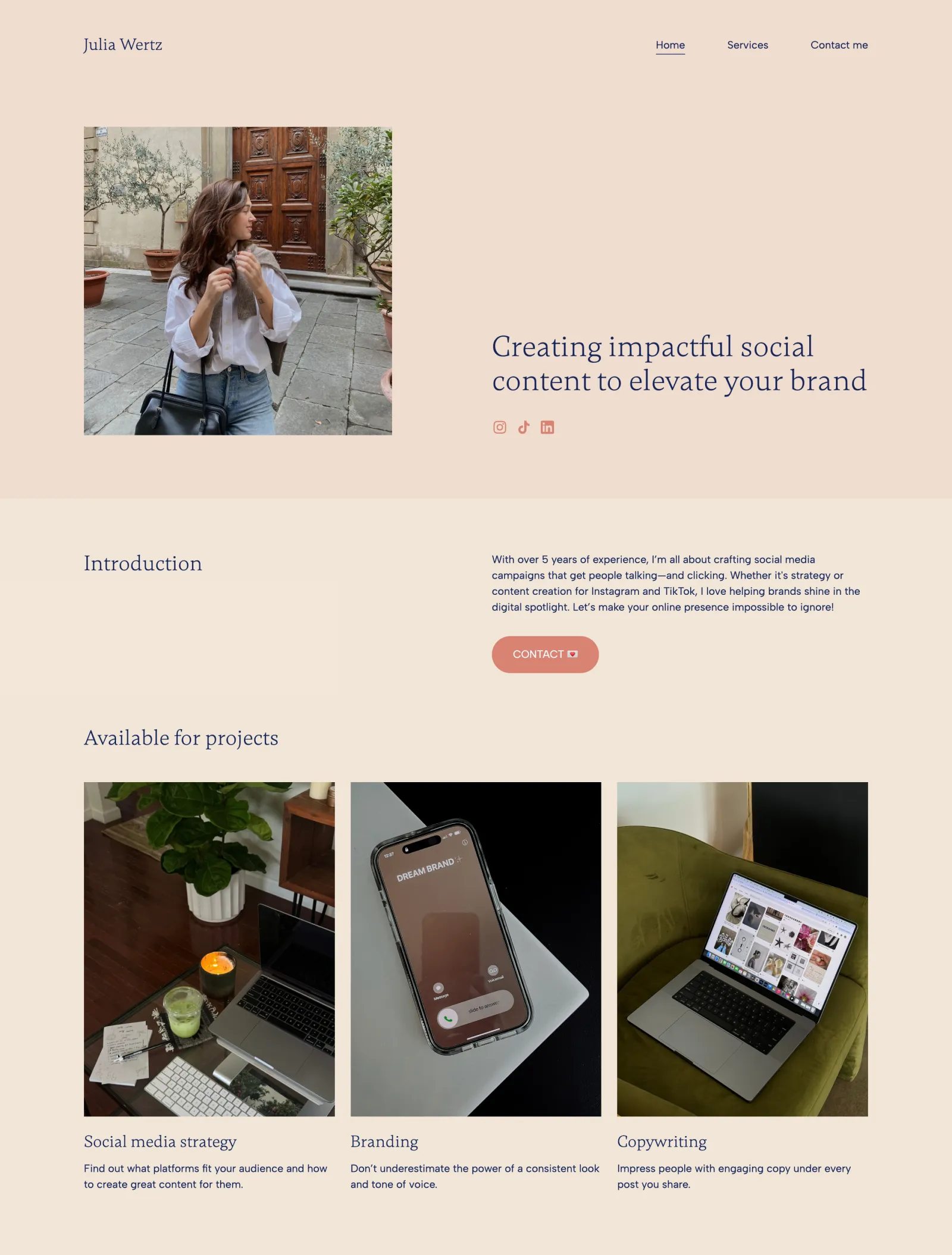 A sample social media portfolio website made with Copyfolio, using the Champagne color palette and Gambetta-Albert Sans font combination preset.