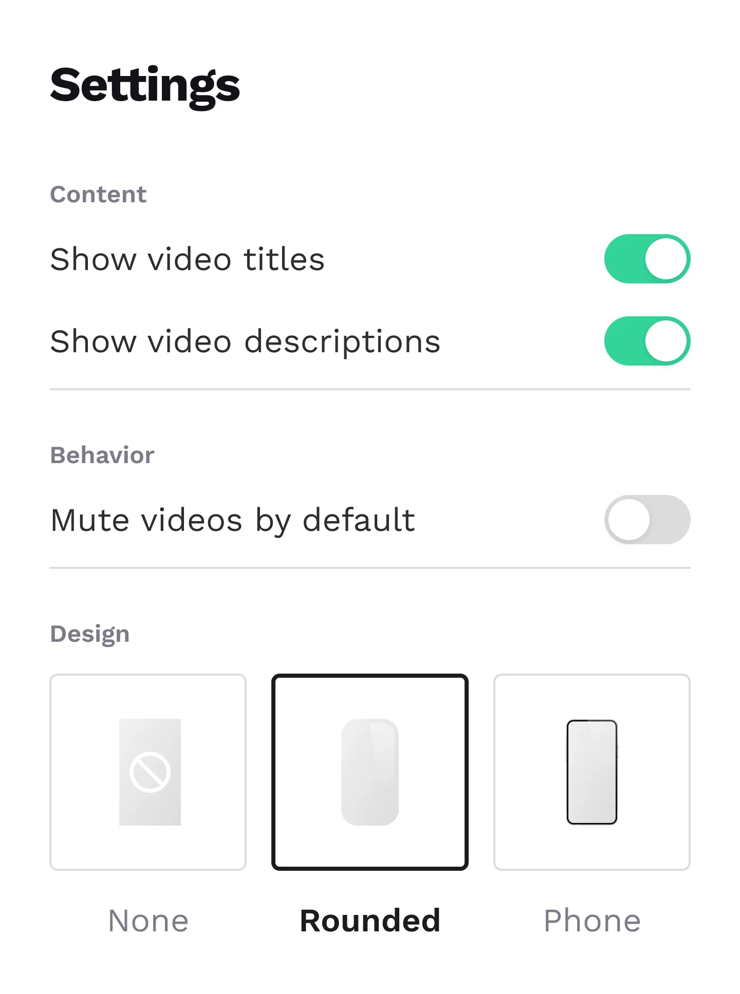 The section settings of Copyfolio's video gallery section, where you can show or hide video titles and descriptions, mute videos by default, and change their design.