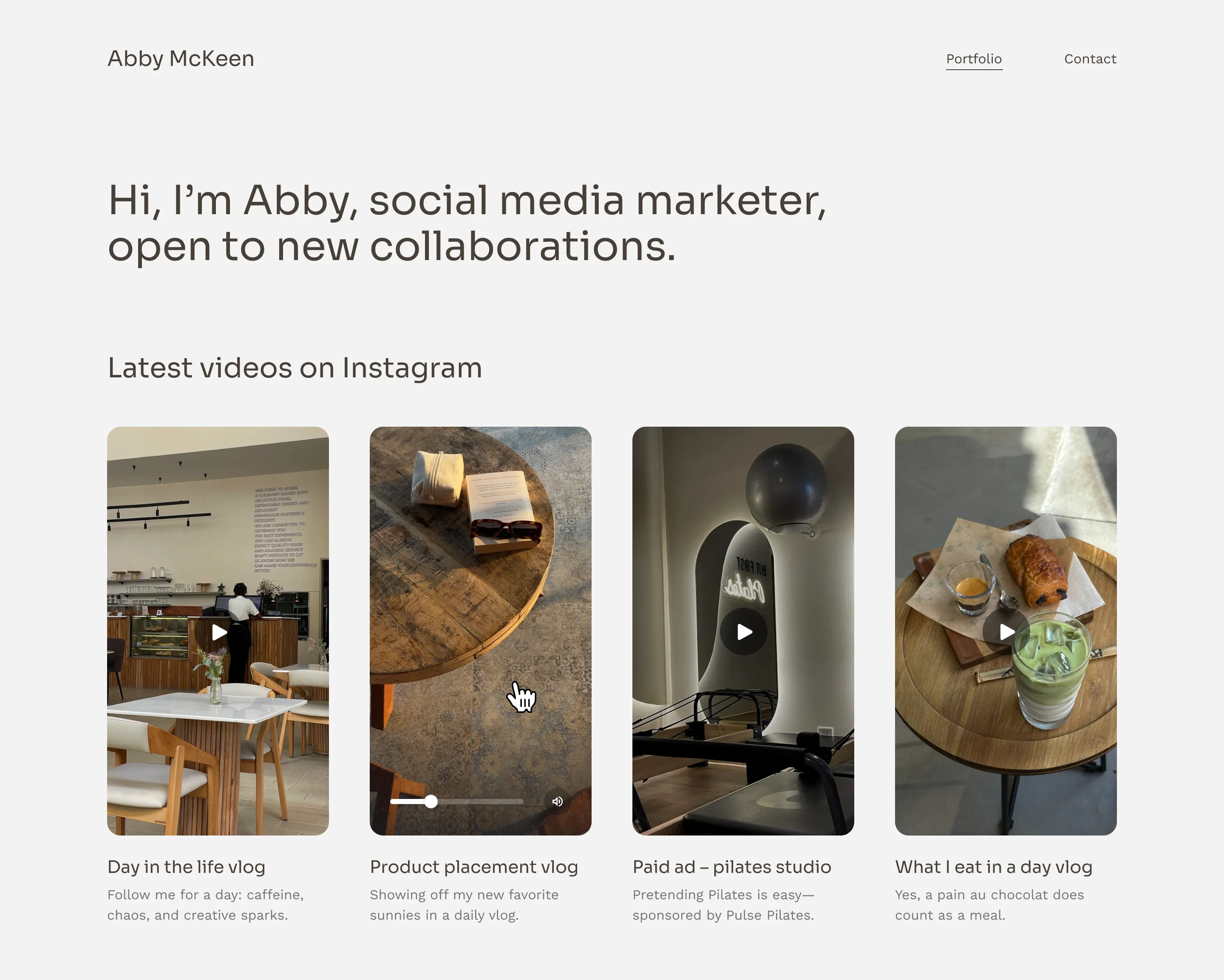 The website of social media marketer Abby McKeen, showcasing a video gallery with her latest Instagram Reels, including a DITL vlog, product placements, and more.