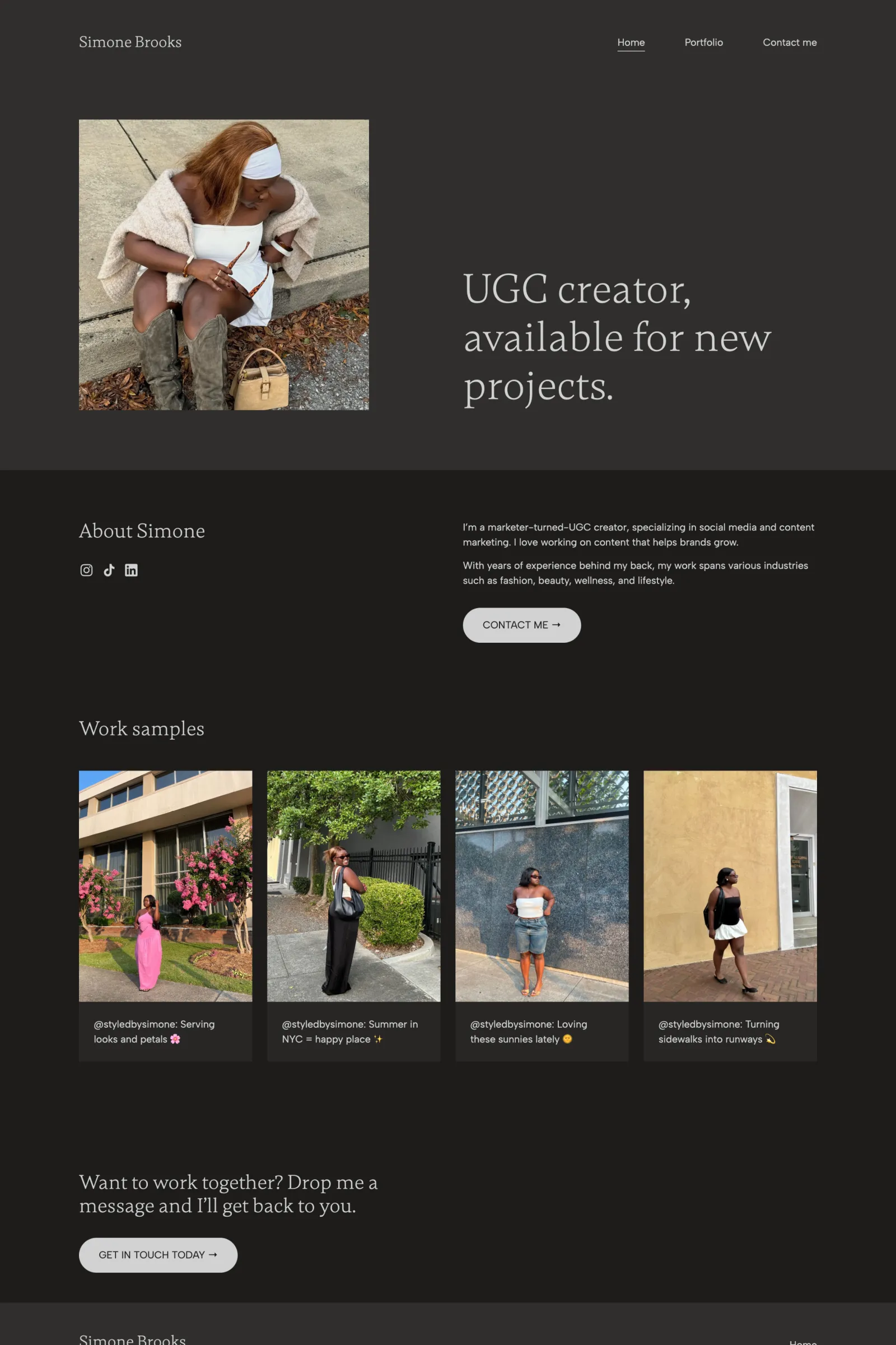 A freelancer website of a UGC creator using a dark mode color palette, made with Copyfolio, featuring their introduction and social media work samples.