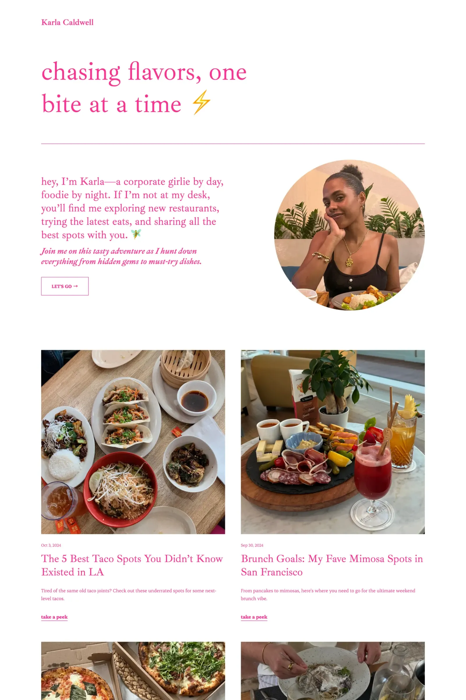 A vibrant pink freelancer website of a UGC creator made with Copyfolio, featuring their blog with blog posts about restaurant reviews.