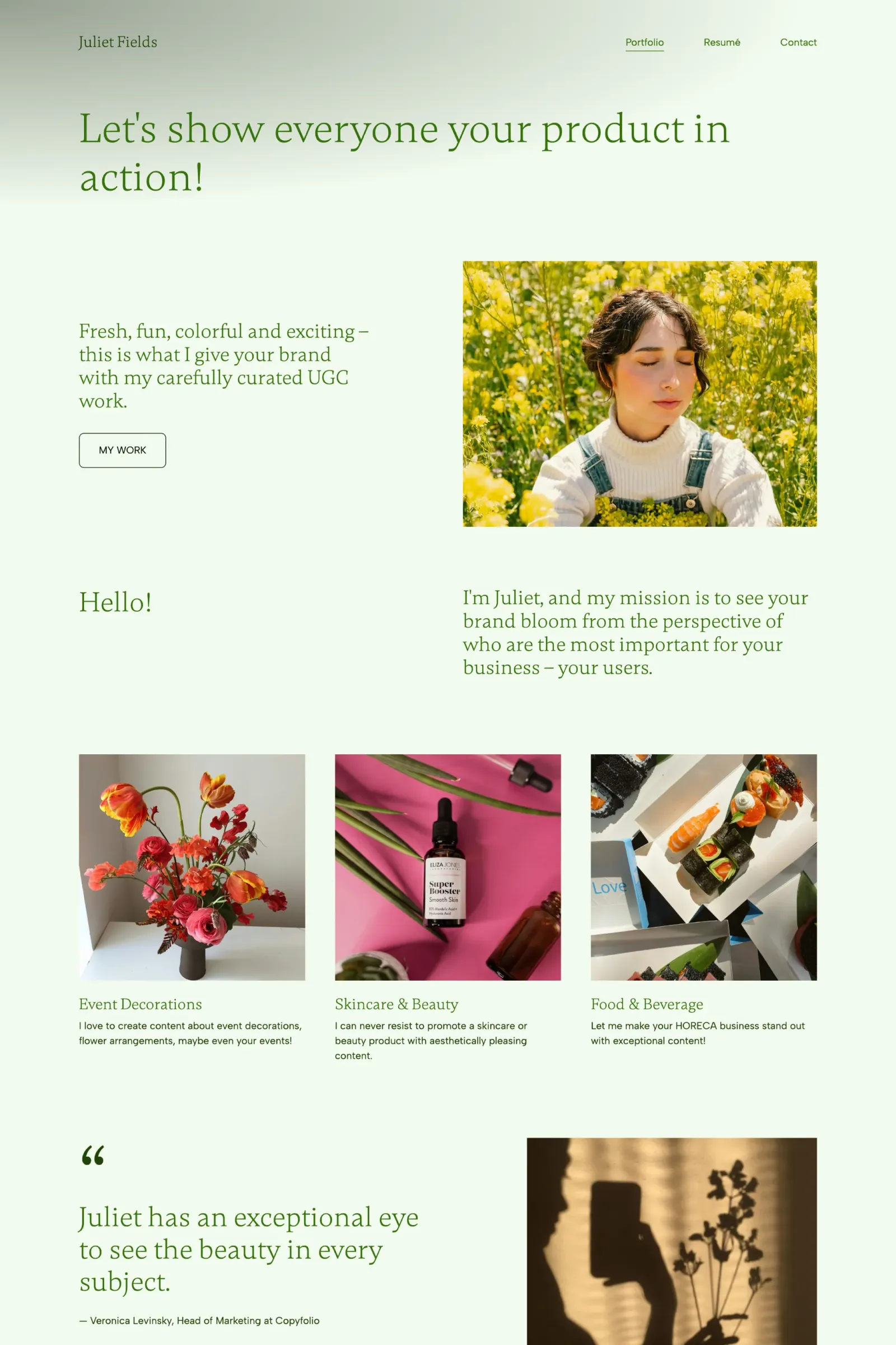 A freelancer website of a UGC creator made with Copyfolio, using a light green color palette, featuring their introduction and available services.