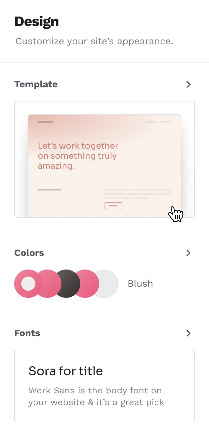 The design panel in Copyfolio, showing options for customizing the look of your site, like switching a website template, choosing a new color palette, or setting a different font preset.