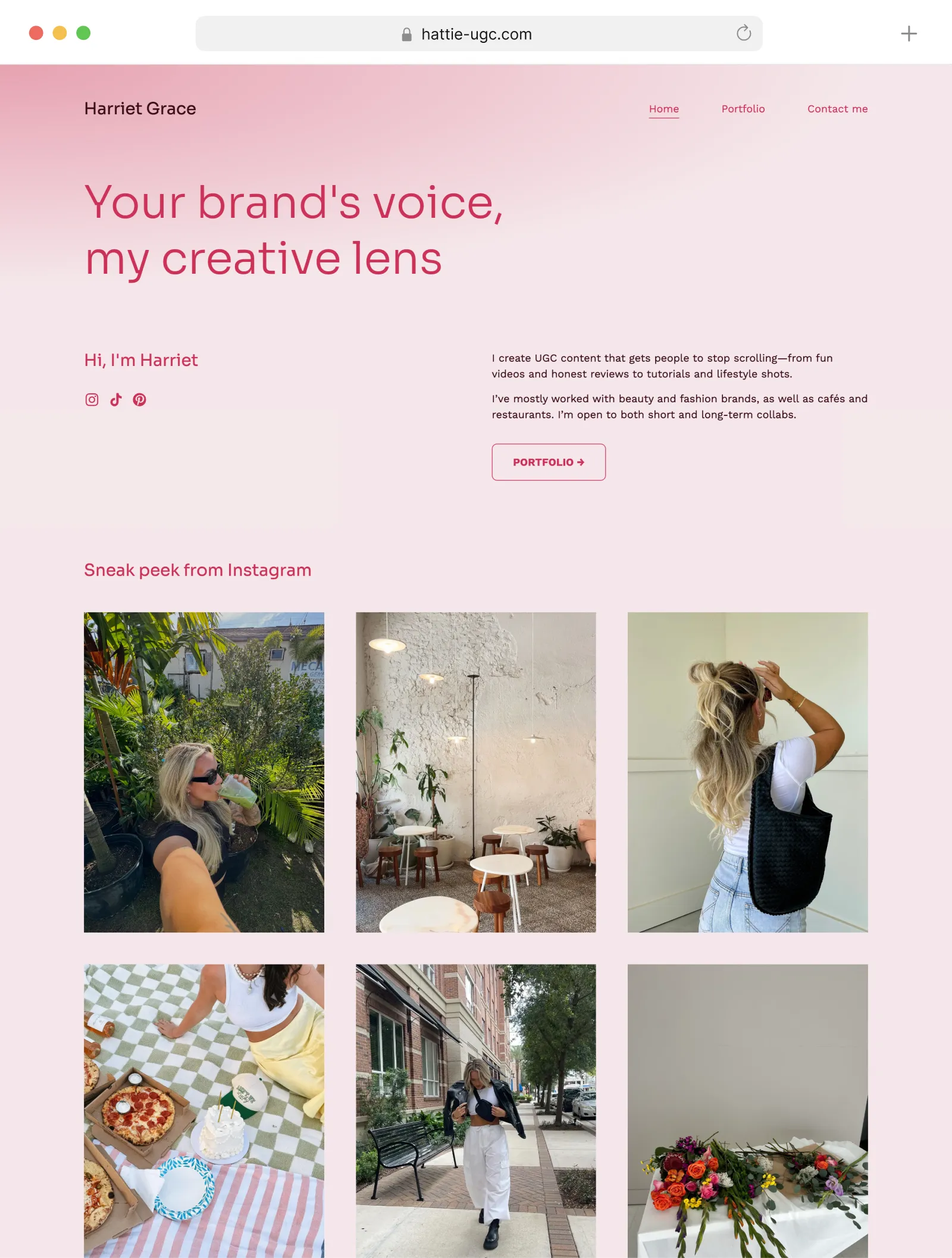 A UGC creator's website, with a tagline, introduction section, and her Instagram feed embedded on the homepage.