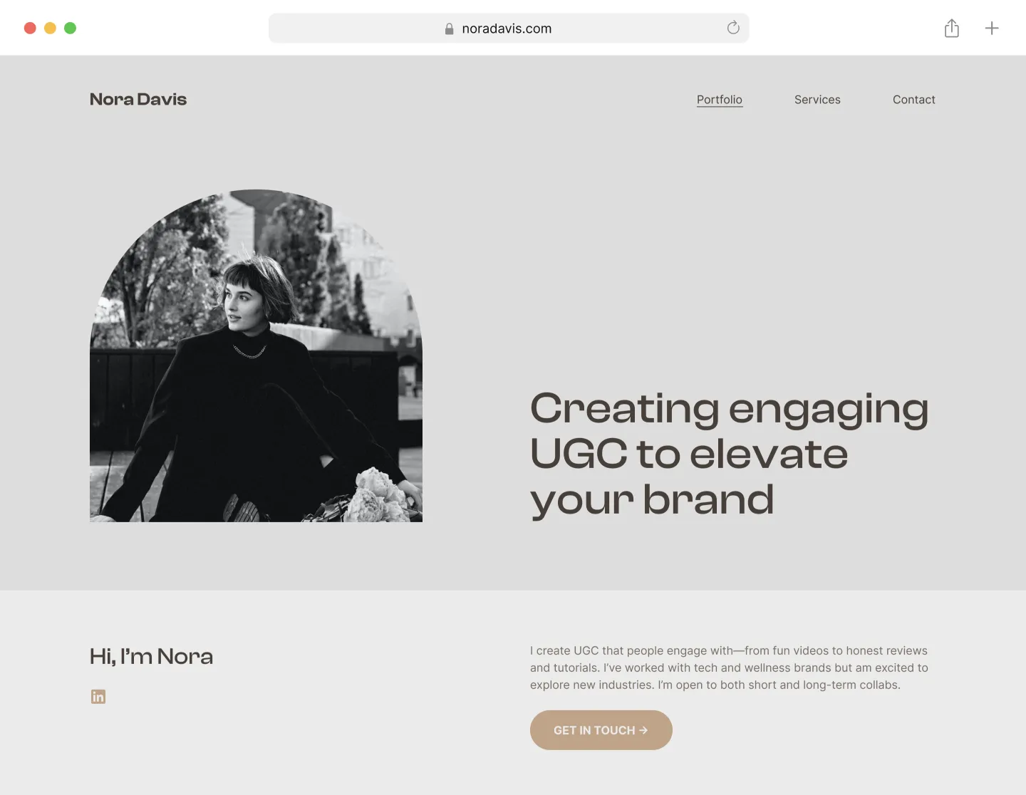 The first fold of a UGC creator website, showcasing a profile photo, a tagline, and a short introduction section titled "Hi, I'm Nora".