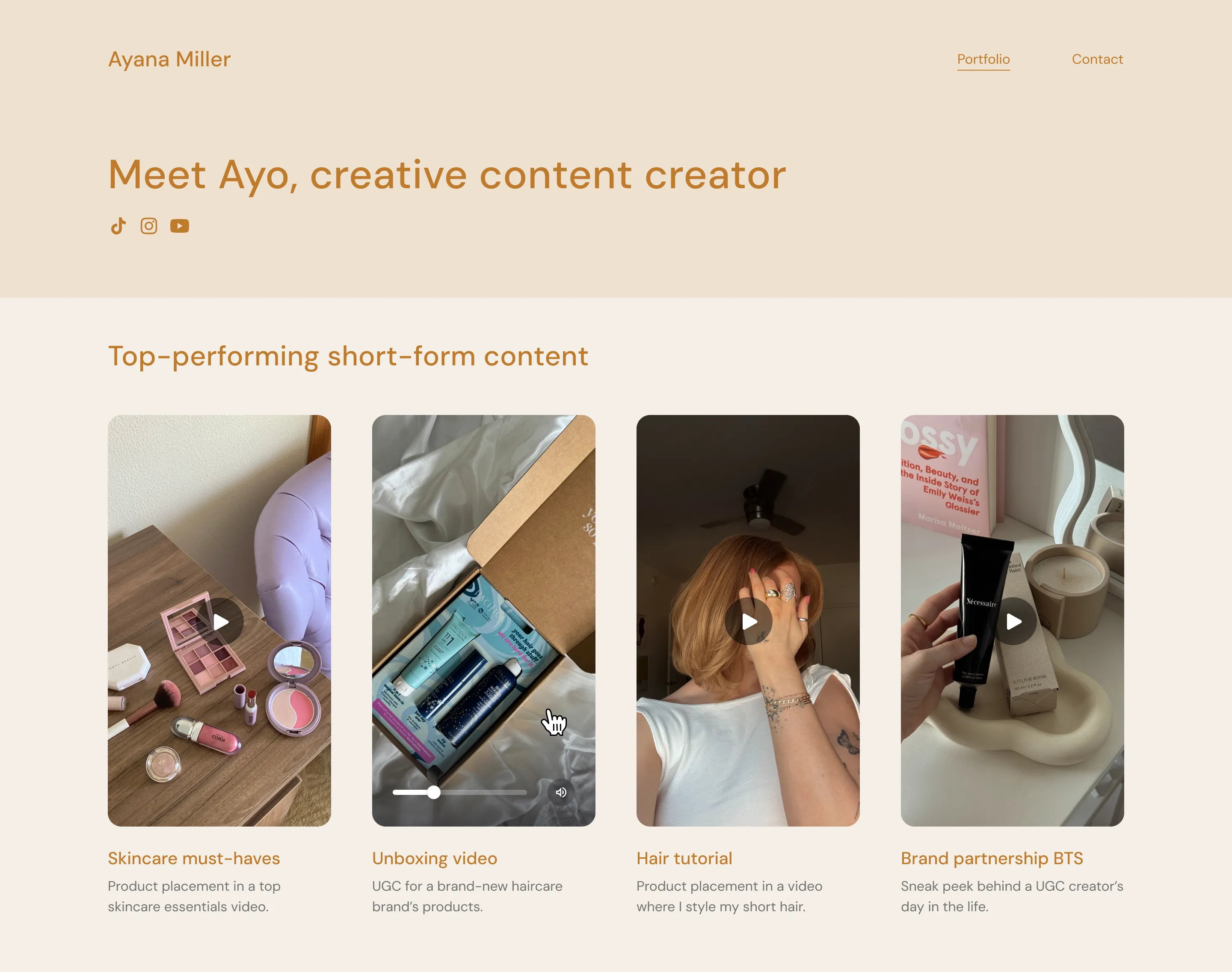 The website and portfolio of Ayo, a creative content creator, featuring a video gallery including her UGC samples, like hauls and unboxing videos.